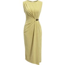 Mixray 2084 Kadın Drapeli Yan Toka Detaylı Yırtmaçlı Modal Elbise Olive