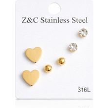 Serelya 316L Çelik Gold Renk Zirkon Taşlı Kalp Figürlü 3’lü Kadın Küpe Seti