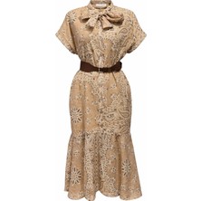 Mixray 4882 Kadın Şal Desen Kemerli Bağlamalı Midi Elbise Vizon