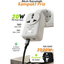 Fulltech Ftr-27 20W Pd Hızlı Şarjlı Akım Korumalı Kompakt Priz Beyaz | Usb-C & Usb-A Çıkışlı 2500W Güçlü Duvar Prizi