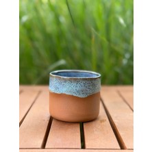 N'Art El Yapımı Stoneware Kulpsuz Kupa 220 ml - Mat Kahverengi & Akdeniz Mavisi