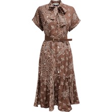 Mixray 4882 Kadın Şal Desen Kemerli Bağlamalı Midi Elbise Kahve