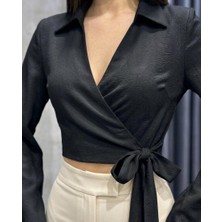 Salome Butik Kadın Kruvaze Yaka Crop Bluz Gömlek