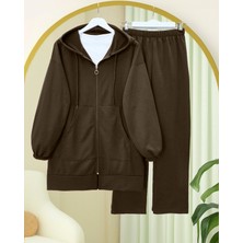 Moda Morfo Fermuarlı Kapşonlu Penye Takım -Kahve