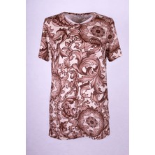 Trender Mozaik Desen Bisiklet Yaka Kahverengi Kadın Bluz 26YDT1000100