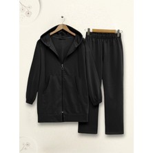 Moda Morfo Fermuarlı Kapşonlu Penye Takım -Siyah