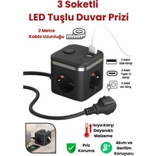 Yussraw Yeni 3680W Pro Power 2xtype-C ve 2x USB Girişli Anahtarlı 3lü Çoğaltıcı Küp 2mt Kablolu Akım Korumalı  Priz