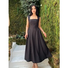 Kadın Siyah Puantiyeli Midi Elbise Kare Yaka Kalın Askılı Belden Bağlamalı Şık Günlük Elbise