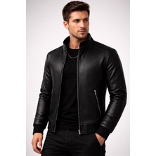 OHBEVAR Erkek Siyah Deri Dik Yaka Fermuarlı Slim Fit Ceket – Modern & Şık Tasarım