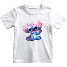 Veracraft Stitch Çiçek Taçlı Çocuk Tişört - %100 Pamuklu Beyaz Bisiklet Yaka Kısa Kollu T-Shirt
