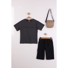 Joy Kids Erkek Çocuk Kabartma Baskılı Jogger Kapri Basic Takım (7-10YAŞ) (Antrasit-Siyah)