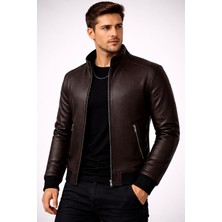 OHBEVAR Erkek Kahverengi Deri Dik Yaka Fermuarlı Slim Fit Ceket – Modern & Şık Tasarım