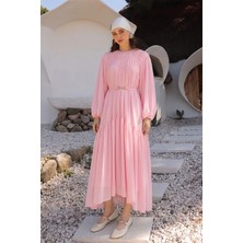 Olcay Büzgü Detaylı Balon Kol Şifon Elbise PEMBE 9461-E