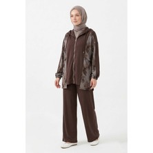 Lale Butik Çiçek ve Fermuar Detay Kap Pantolonlu Takım 70081-2 Kahverengi