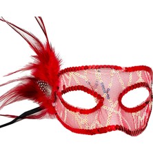 Esplendor Kırmızı Renk Yandan Tüylü Pul Payet Işlemeli Parti Maskesi 23X12 cm