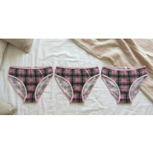 Andino 3'lü Yüksek Bel  Kareli Lycra Doğal Pamuk Likralı Rahat Kalıp Kadın Bato Külot