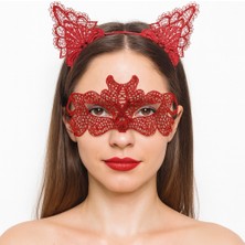 Esplendor Ateş Kırmızısı Dantel Taç ve Maske Seti 10 No