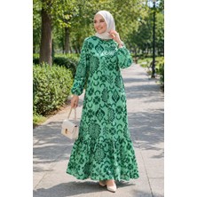 Esra Butik Yeşil Desenli Viskon Tesettür Elbise – 140 cm Boy, Rahat Kalıp, Günlük & Şık Yazlık Elbise