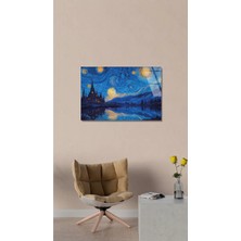 Van Gogh Stili Yıldızlı Gece ve Gotik Sato Yansıması Cam Tablo