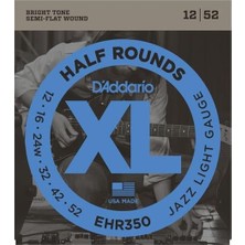 D'addario EHR350 Half Rounds Jazz Lite Elektro Gitar Tel Seti (Takım Tel) | 12-52 Kalınlık, Yarı Yuvarlak Sarım, Pürüzsüz Çalım