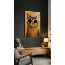 Bereli ve Gözlüklü Kedi Cam Tablo Kırılmaz Temperli, Premium Uv Baskılı Ev Dekorasyonu