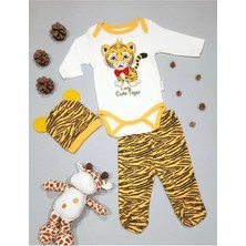 Mai Perla 3'lü Unisex Bebek Zıbın Takımı Sarı Kaplan Desenli Rahat Fit Tasarım