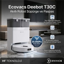 Ecovacs Deebot T30C Omni Istasyonlu 20000PA, Sıcak Suda Yıkama 75°c, Ozmo Turbo 2.0 Paspas, , Uyarlanabilir Islak Temizlemli Robot Süpürge,eli