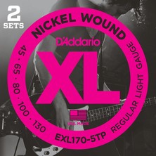 D'addario EXL170-5TP Xl Nickel 5 Telli Bas Gitar Tel Seti (2'li Ikiz Paket) | 45-130 Kalınlık, Nikel Sarım, Long Scale