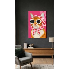 Vintage Stil Kedi Portresi Cam Tablo, Ev ve Ofis Uv Baskılı Premium Kırılmaz 4mm