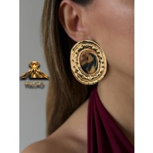 Gold Plaka Oval Taşlı Küpe