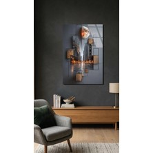 Premium Ay ve Şehir Silüeti Cam Tablo 4mm Temperli Cam Tablo, Premium Uv Baskılı Kırılmaz Duvar