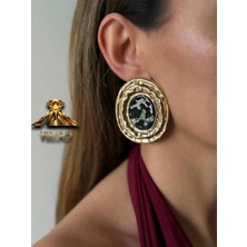 Gold Plaka Oval Taşlı Küpe