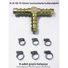 Campout 10MM 3 Çıkışlı Tüp Gaz Hortum Bağlantı T Eki Metal 3lü Te Ince Su Hortumlarına Uyar + 6AD Kelepçe