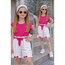 Burçak Butik Kız Çocuk Yazlık Müslin Şortlu Set | Bluz Bandana Kemer Tak-Çıkar Fiyonk Hediyeli Takım