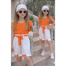 Burçak Butik Kız Çocuk Yazlık Müslin Şortlu Set | Bluz Bandana Kemer Tak-Çıkar Fiyonk Hediyeli Takım