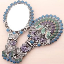 Elifeshop Lüks Tavus Kuşu Işlemeli Taşlı Katlanır El Aynası Zamak Döküm Hürrem Makyaj Aynası Hediyelik 22 cm