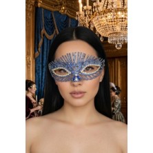 Zurafa Shop Altın Sarısı Mavi Taşlı Parti Maskesi - Şık Tasarım Maskeli Balo Maskesi