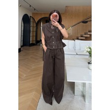 Özge Özgenç Beli Büzgülü Denim Yelek Pantolon Takım