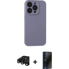 Marsilyan™- iPhone 15 Pro Kılıf Ahenk Serisi - Siyah 3D Antistatik Hayalet Cam Ekran Koruyucu + Siyah Raze Metal Kamera Lens