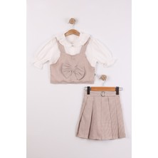 Joy Kids Kız Çocuk Pötikareli Şort Etekli 3 Parça Takım (3-11YAŞ) (Beyaz-Kahve)