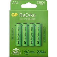 Gp Batteries Recyko+ 1300 Aa Kalem Ni-Mh Şarjlı Pil, 1.2 Volt, 4'lü Kartela