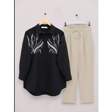 Moda Morfo Önü Pul Payetli Uzun Gömlek -Siyah