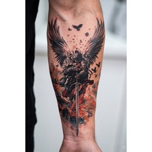 BP Tattoo Kanatlı Şövalye ve Kılıç Temalı, Kızıl Detaylı Geçici Dövme