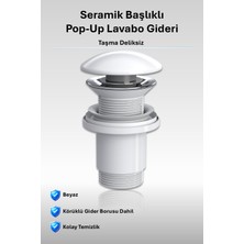 Elixir Pop-Up Seramik Parlak Beyaz Lavabo Gideri | Taşma Deliksiz | Sızdırmaz Somunlu