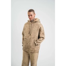 Lunelis Unisex Double Oversize Kapşonlu Yıkamalı Sweatshirt - Bej