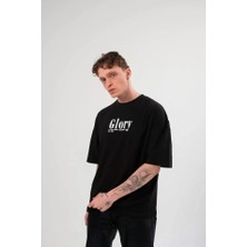 Lunelis Unisex Bisiklet Yaka Baskılı Oversize T-Shirt - Siyah