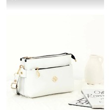 Özüm Çanta Kadın Deri 3 Bölmeli Çapraz Omuz Çantası Beyaz