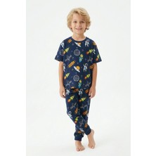 Bunny Hopp Erkek Çocuk Uzay Temalı Kısa Kollu Yazlık Pijama Takımı %100 Pamuk