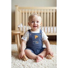 Minycenter Erkek Bebek Zürafa Nakışlı Tişört Salopet Set 3-36 Ay Koyu Mavi