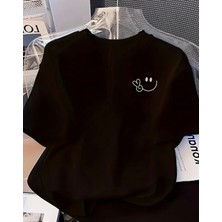 Punix Büyük Beden Özel Tasarım Gülücük Emoji Baskılı %100 Pamuk Oversize Kadın Battal T-Shirt